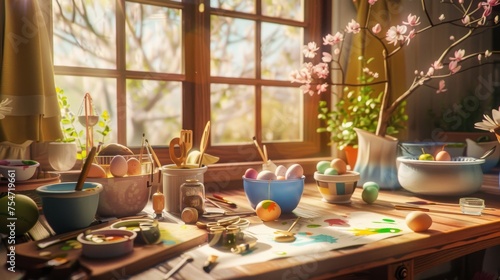 Wallpaper Mural A charming table setup for Easter egg decorating, bathed in the soft light of a spring morning with blooming flowers. Torontodigital.ca