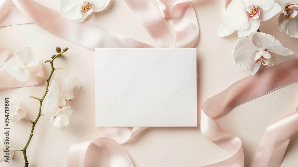 Paper card near white orchid flowers and light pink silk ribbons on light beige, top view, Wedding mockup. Romantic scene with horizontal blank card flat lay. Tropical exotic concept,generative ai, Paper card near white orchid flowers and light pink silk ribbons on light beige, top view, Wedding mockup. Romantic scene with horizontal blank card flat lay. Tropical exotic concept,generative ai,