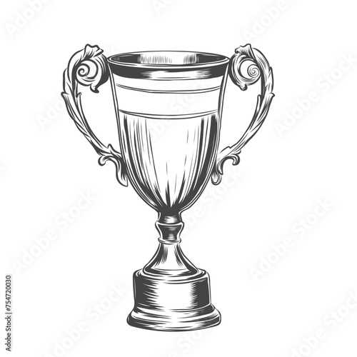Hand drawn Champion cup. Engraving of winner trophy award in sketch style. Football or soccer prize cup vector illustration isolated on white background.