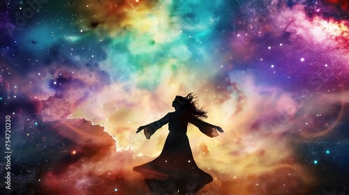 Cosmic Dance of the Silhouetted Figure Amidst Colorful Nebulae