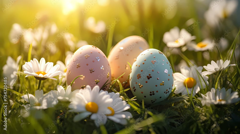 Easter eggs on spring grass, spring easter concept