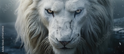 A white lion with blue eyes is walking through the snow, its gaze fixed on the camera. The majestic predators coat blends with the wintry landscape as it moves gracefully.