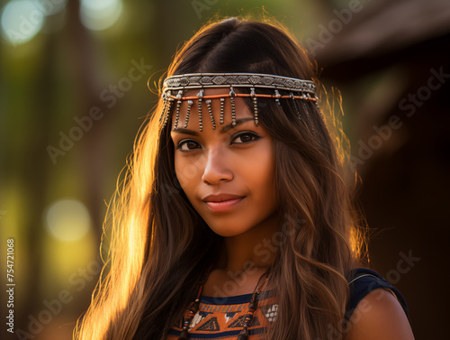 A beautiful girl from among the indigenous people of the Guarani ethnic group. Close-up portrait, side view in the background. photo