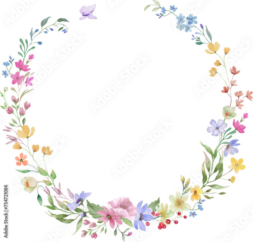 Watercolor floral wreath. Hand drawn illustration isolated on transparent background. Vector EPS.
