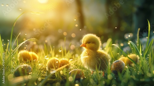 A lone chick surrounded by Easter eggs stands amidst dew-covered grass, basking in the warm and hazy light of a spring sunrise.