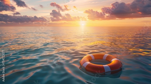 Orange lifebuoy floating at sea sunset sunrise