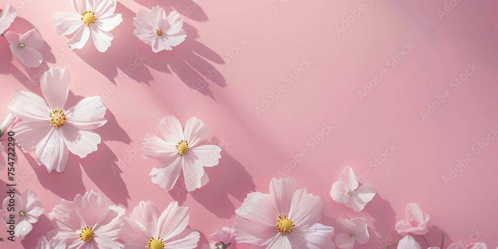 white daisy flowers on pink background , banner, empty space for text, minimalist composition