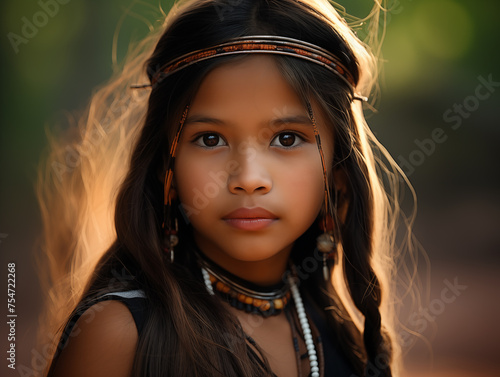 A beautiful girl from among the indigenous people of the Guarani ethnic group. Close-up portrait, side view in the background. photo