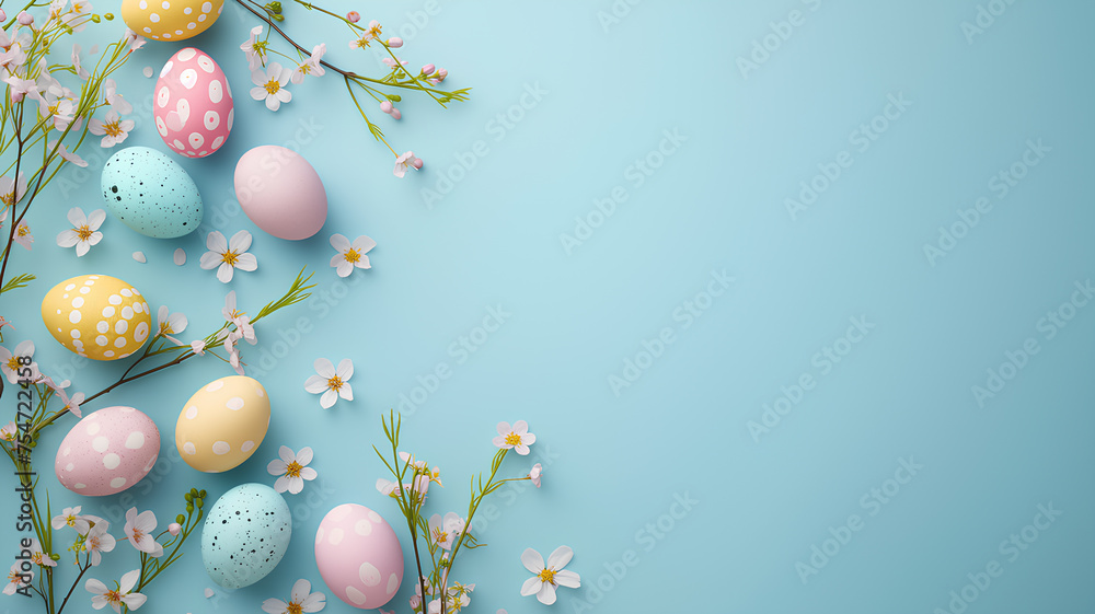 eggs with blue background The eggs come in different colors such as pink, yellow and blue. The nest is surrounded by branches and flowers, creating a peaceful and natural atmosphere.