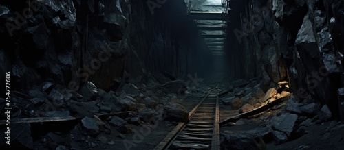 A train track runs through a dark tunnel in a contemporary coal mine. The tunnel is dimly lit, with the track disappearing into the darkness as it continues on its path underground.