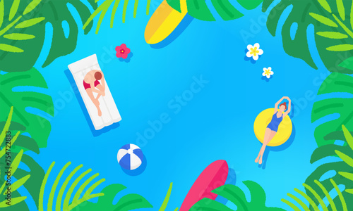 俯瞰から見たイラスト。海に浮かぶ夏のアイテム。南国を楽しむ男女のイラスト。