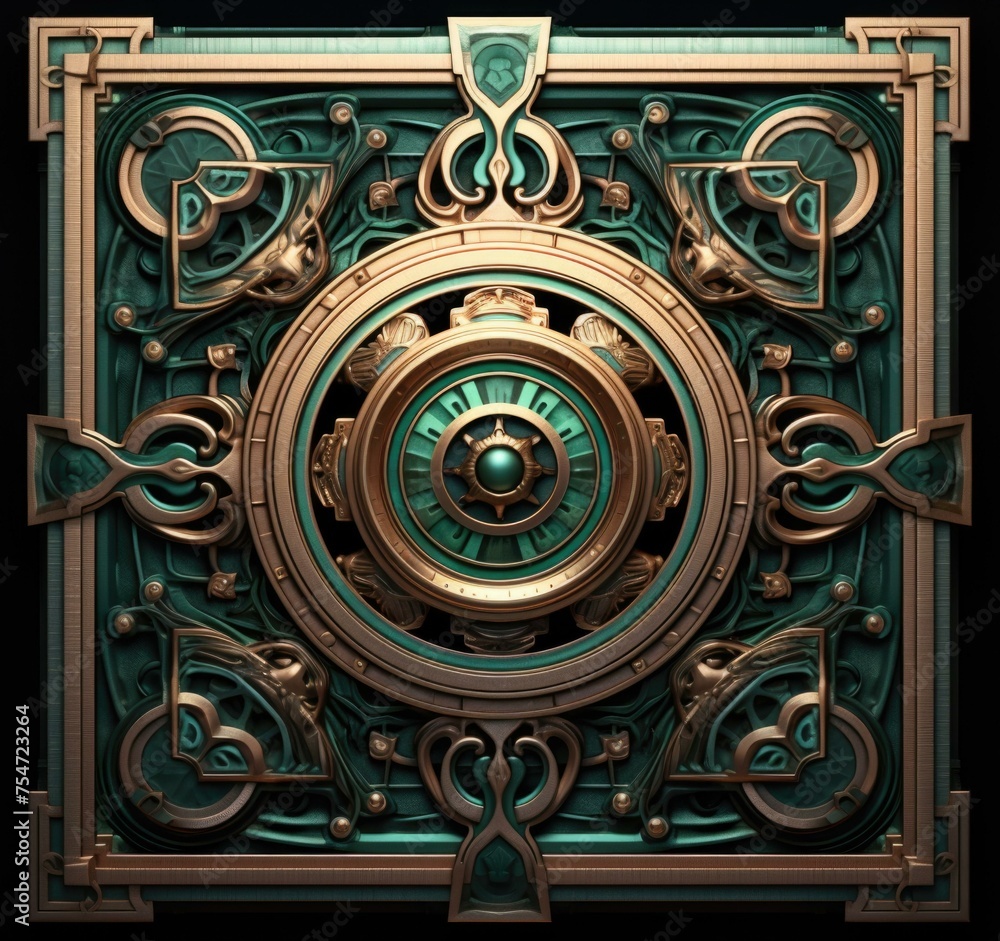 A sophisticated steampunk artwork with ornate bronze detailing on a forest green canvas. Generative AI.