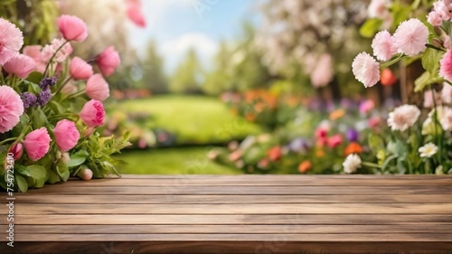 Wooden table top on flower garden background illustration. 