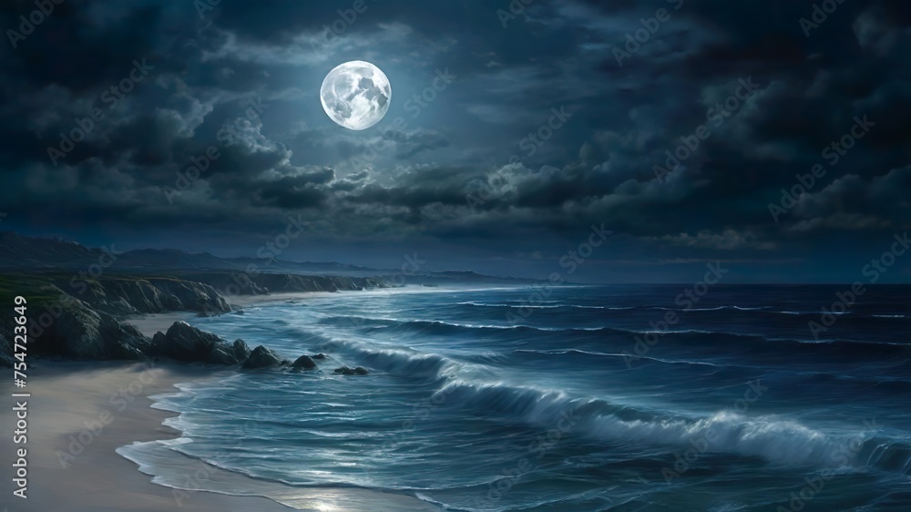 Night sea or beach illustration with clouds full moon.