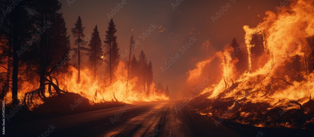 A wildfire burning fiercely in the middle of a densely wooded forest, with intense flames and smoke rising high into the sky. The fire is spreading rapidly, devouring everything in its path and A wildfire burning fiercely in the middle of a densely wooded forest, with intense flames and smoke rising high into the sky. The fire is spreading rapidly, devouring everything in its path and