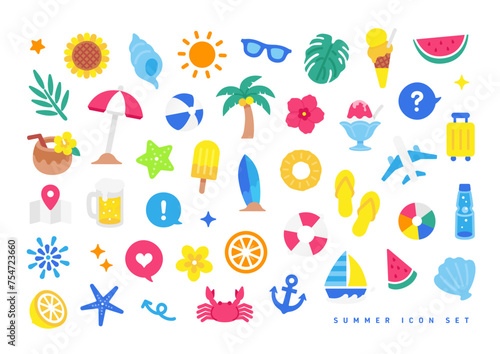 夏にかかせないアイテム。ポップでカラフルなイラスト。シンプルなかわいいアイコンのセット。