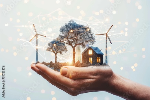 Smart Home bio energy EV Electric Car Wallbox & Solar heating. Renewable Green Energy Cottage. PV House Automation Solar energy savings IoT Real Estate Solar energy conservation Homeowner