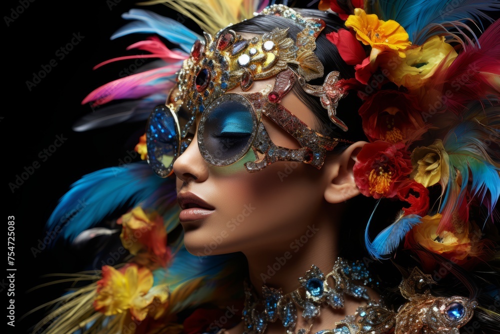 Elegant woman with vibrant feather mask and floral decorations