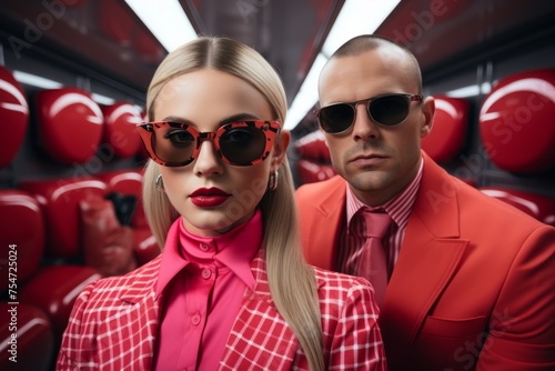 Stylish couple in red attire posing confidently with sunglasses