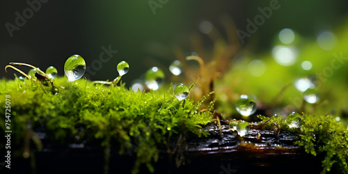 water drops on grass, Closeup view of dewcovered moss on a forest floor revealing the world at a miniature scale, The grass with dew, Generative AI