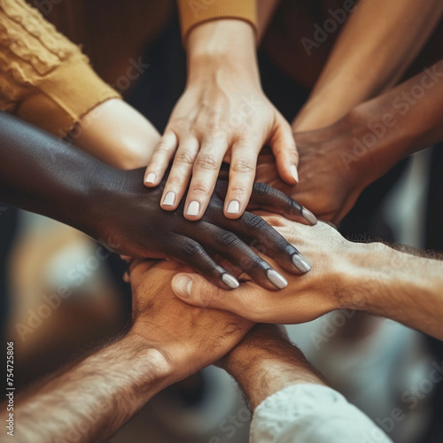 Multiracial group with black African-American Caucasian and Asian hands joining hands against racism. Unity of races and social classes 