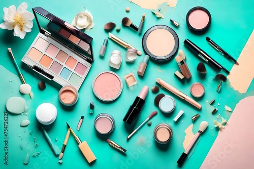 A flat lay composition featuring a variety of pastel-colored cosmetic products neatly arranged on a vibrant turquoise background.