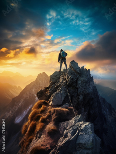 one person climbing a mountain in the peak at sunset enjoying the views 