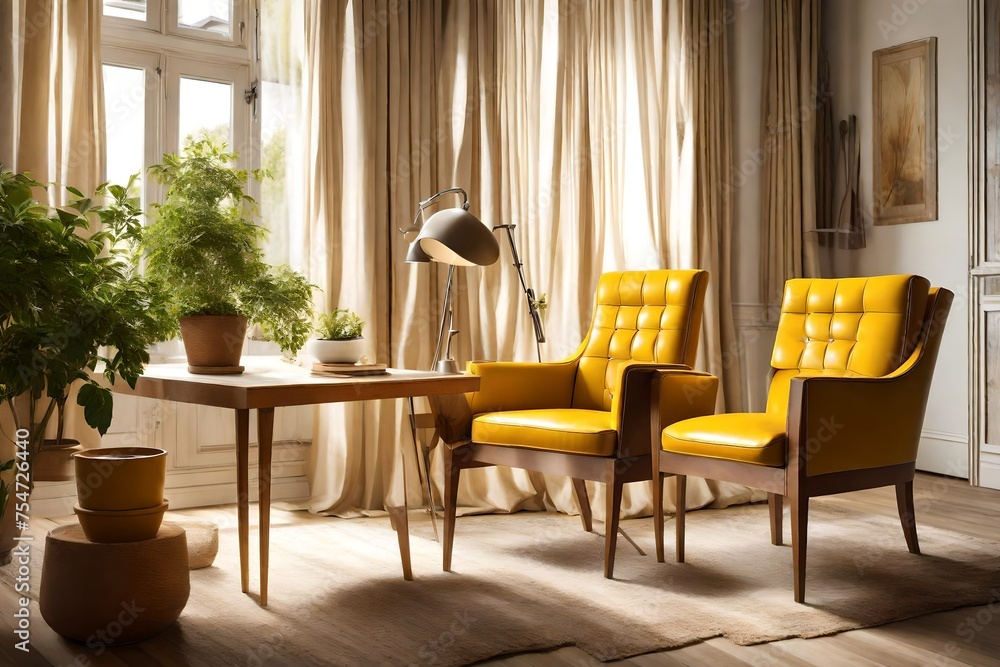 A well-lit room featuring a stylish brown leather chair complemented by a beige pot on a meticulously arranged yellow and white wooden table.