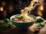 Vietnamese Pho, famous noodle soup with flavourful broth, cinematic food photography 