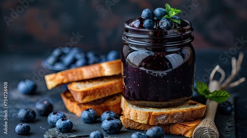 A jar of blueberry jam and fresh blueberry and toast with jam on a dark background.