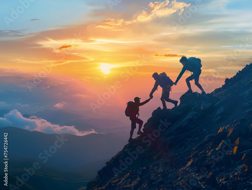 People helping each other hike up a mountain at sunrise. Giving a helping hand, and active fit lifestyle concept. 
