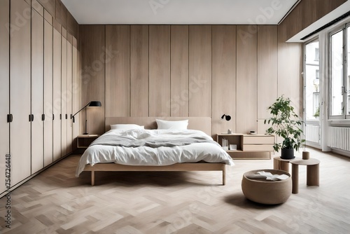 Cologne  Germany a   August 2  2020 The beauty of simplicity in a bedroom design  featuring minimalist furniture  soft textiles  and an overall calming aesthetic.