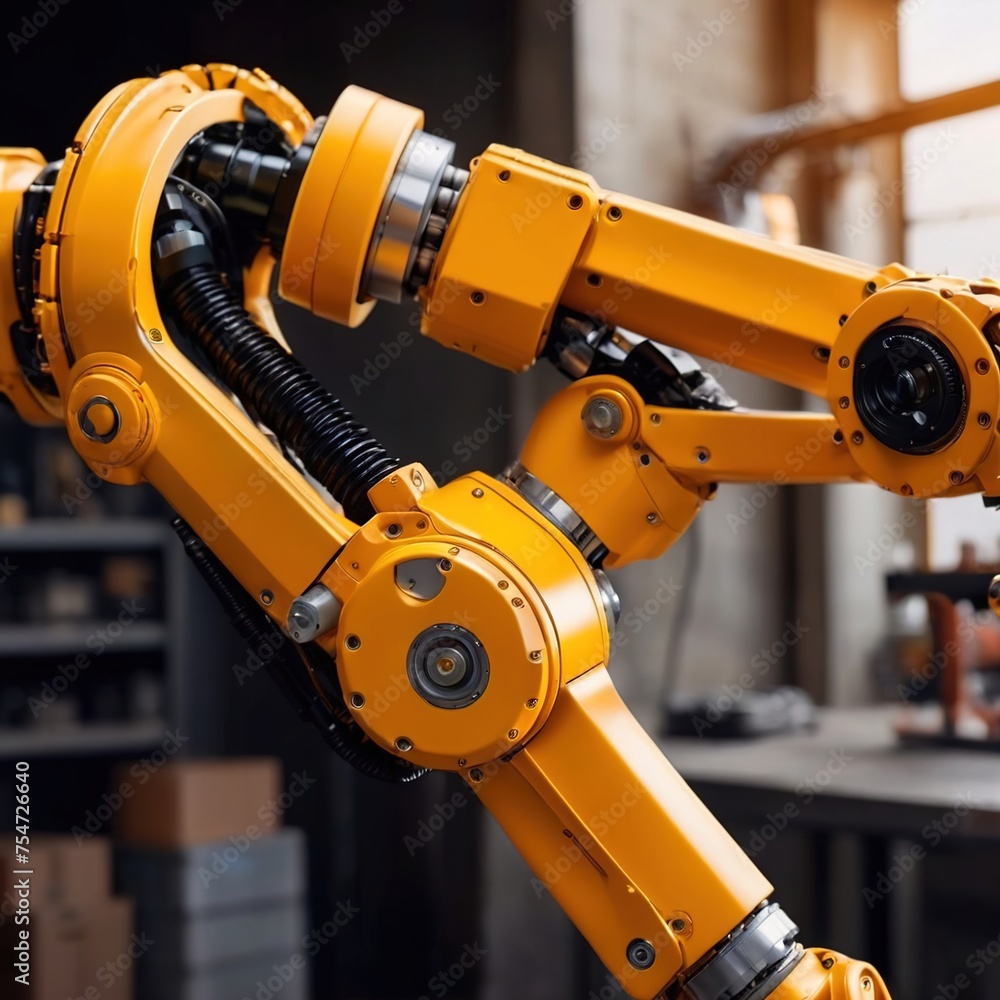 Industrial robotic arm for automated manufacturing in a moden high tech futuristic factory
