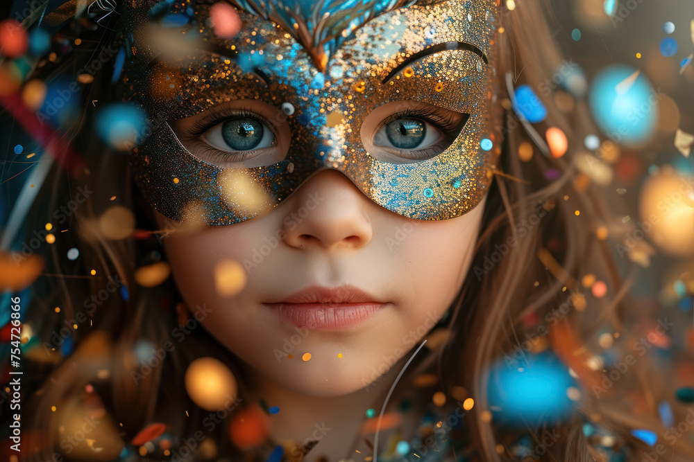 Close up portrait of a beautiful little girl in a carnival mask