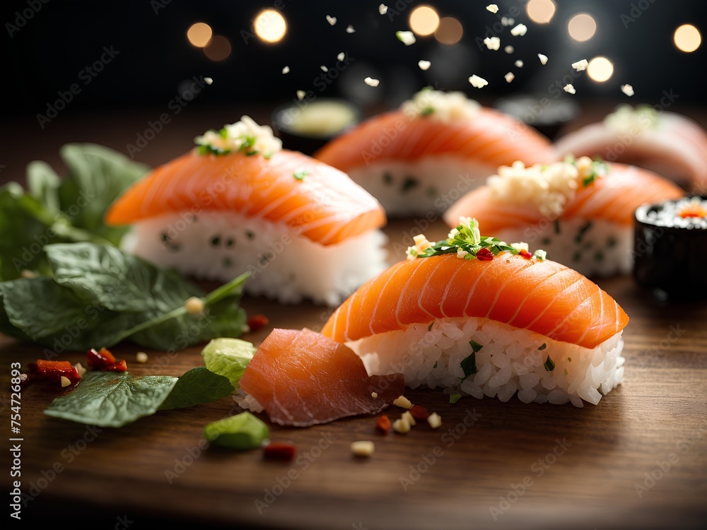 Japanese Nigiri sushi, thin slices of either fish or meat draped over small mound of sushi rice, cinematic Japanese Nigiri sushi, thin slices of either fish or meat draped over small mound of sushi rice, cinematic