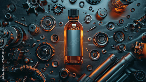 Detailed image of a dark labeled bottle amid various mechanical components and gears photo