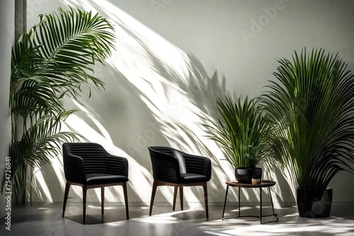 The interplay of light and shadow highlights the sophistication of a black chair placed adjacent to a lively green palm plant, enhancing the interior aesthetics.