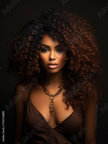 Portrait of a beautiful African woman with curly hair on dark background, front view 