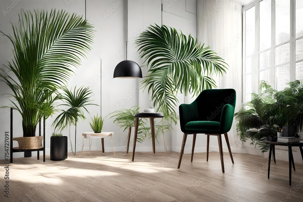 The high-resolution image reveals the sophistication of an interior space, featuring a black chair and a vibrant green palm plant as key design elements.