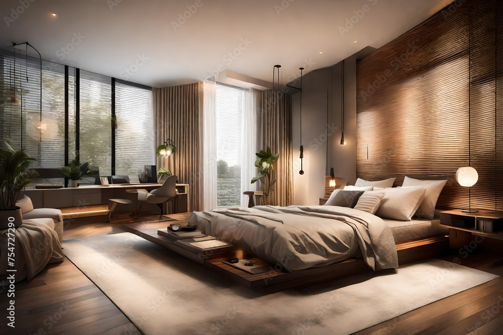 An inviting bedroom with a platform bed, neutral tones, and soft ambient lighting.