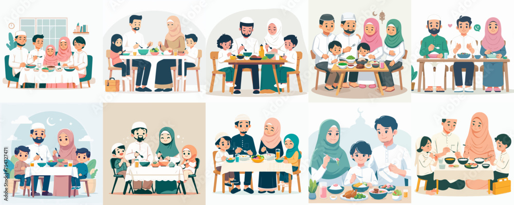 Vector set of Muslim family eating in flat design style