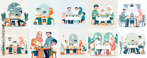 Fototapeta Naklejka Na Ścianę i Meble -  Vector set of Muslim family eating in flat design style