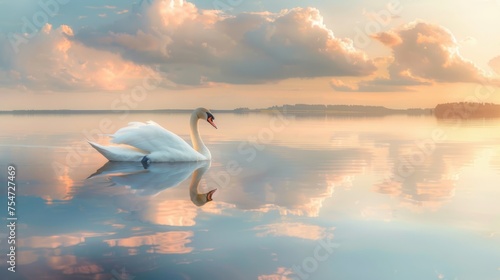 Serene Swan Gliding on Golden Lake with Cloud Reflections - Prime Lens Shot