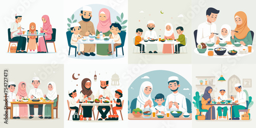 Vector set of Muslim family eating in flat design style © Sabiqul Fahmi