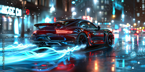 A red sports car with bright automotive lighting is speeding down a rainsoaked city street at night, showcasing sleek automotive design and shiny wheels