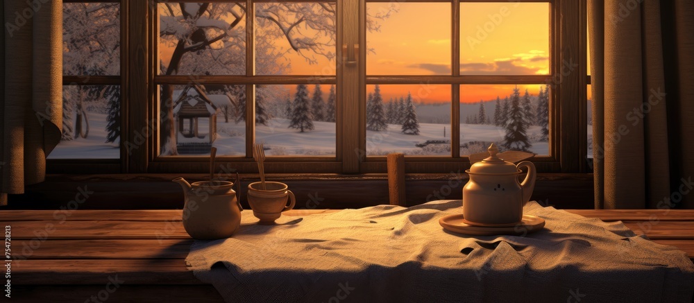 A wooden table is set in front of a winter window. On the table, a tea pot and two cups are placed, ready for a cozy tea time.
