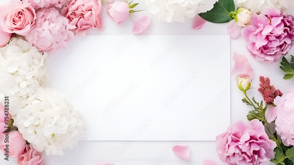 Blank white card in the center, surrounded by rose and magnolia petals, white background top view,Beautiful pink rose flowers lies with copy space,Frame mockup with roses and pions flowers
