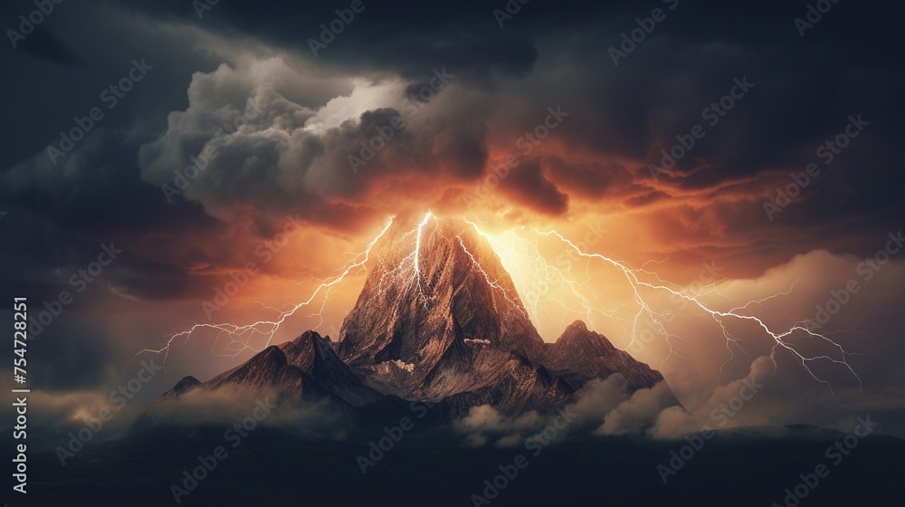 A thunderstorm raging over a solitary mountain peak