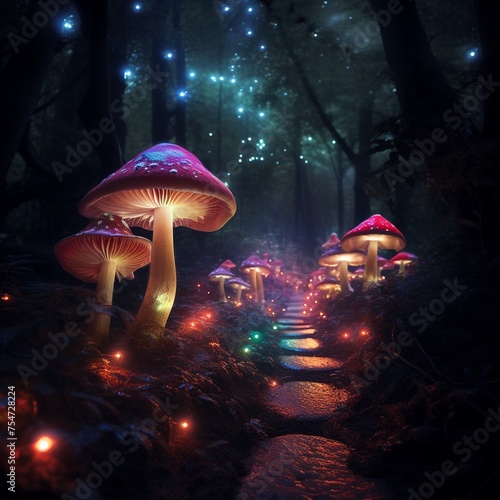 A forest of glowing mushrooms illuminating a path through the darkness