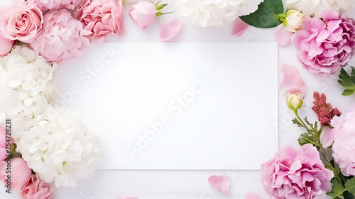 Blank white card in the center, surrounded by rose and magnolia petals, white background top view,Beautiful pink rose flowers lies with copy space,Frame mockup with roses and pions flowers
 photo